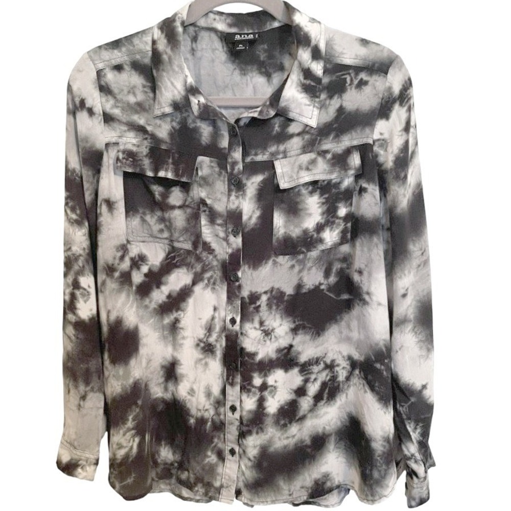 A.N.A BLOUSE SIZE LARGE PETITE‎ TIEDYE BLACK WHITE SHEER BUTTON DOWN